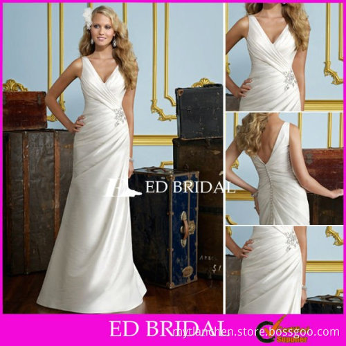 Sexy V Neck Sweep Train Taffeta Sheath Slim Fit Wedding Dress with Beaded Applique